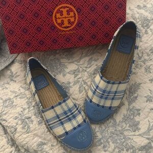 Tory Burch Blue and Cream Plaid Espadrilles